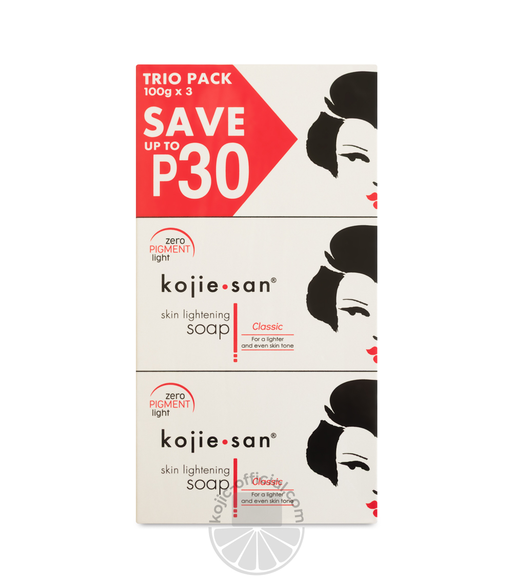 Kojie San Original Kojic Acid Face & Body Bar Soap, 100gx3 bars+pouch